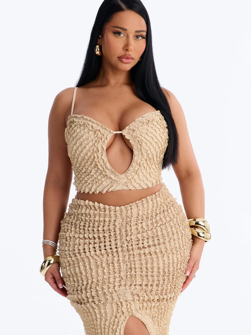 Fashion Nova Kelsey Beige Textured Two-Piece Maxi Skirt Set Sz L - Picture 2 of 5